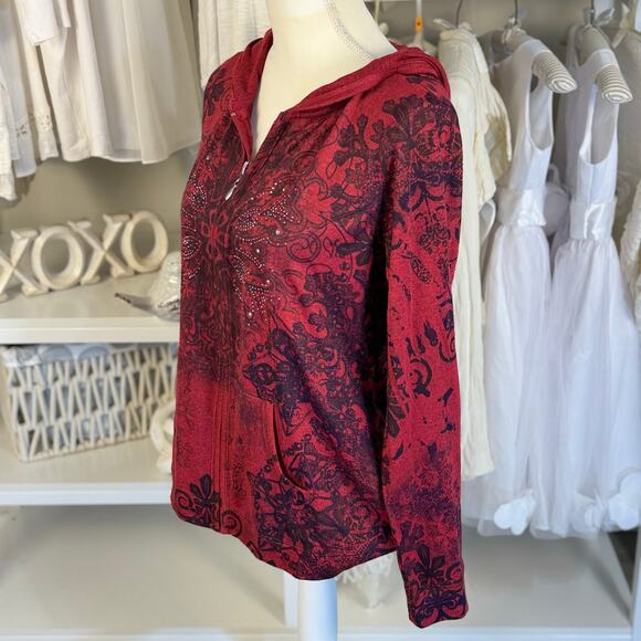 Live & Let Live Womens Sz L Red Abstract Floral Print Zip Up Hoodie Sweater#3434 - Picture 2 of 8